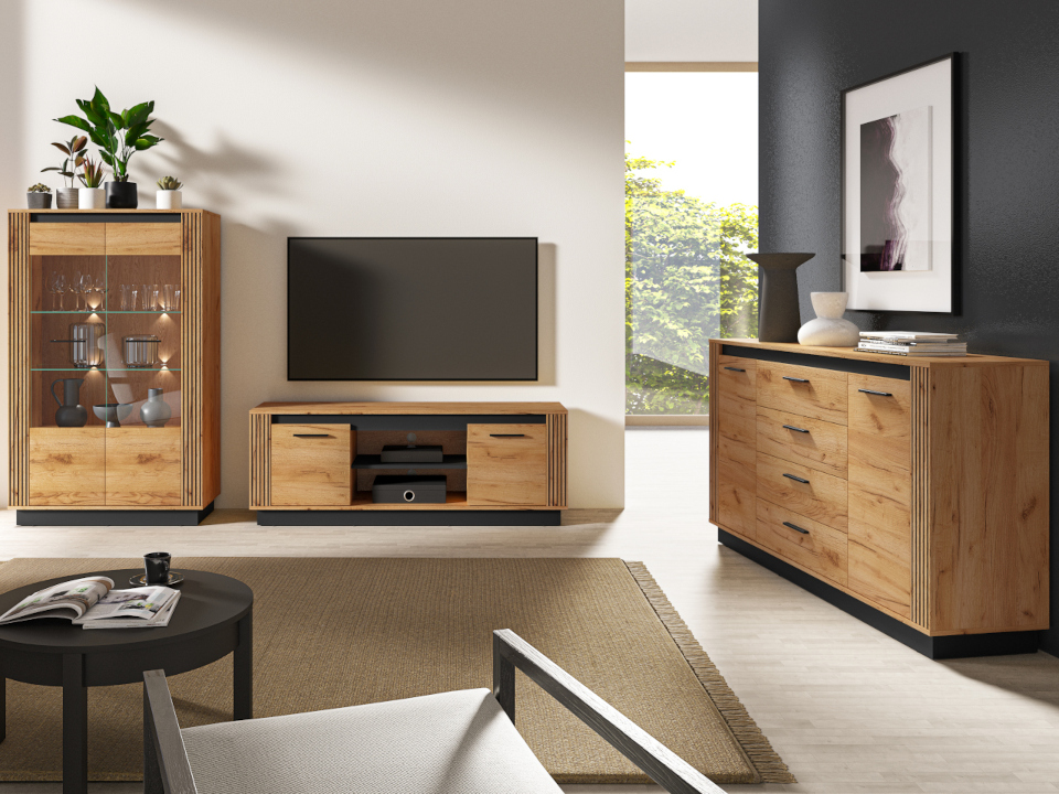 Mobilier de living Ursa 1, stejar artizanal auriu, negru