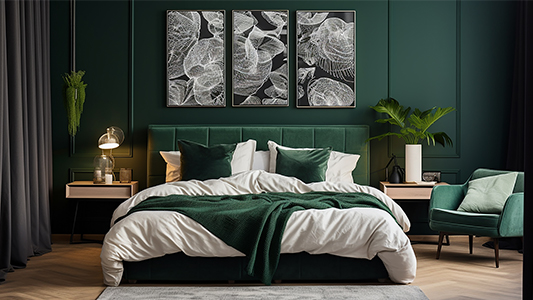 Un dormitor verde închis și alb - inspirație pentru aranjamente senzuale